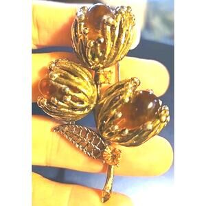 Vintage Topaz Glass Cabochon Floral Spray Brooch Gold Tone Mid Century MCM